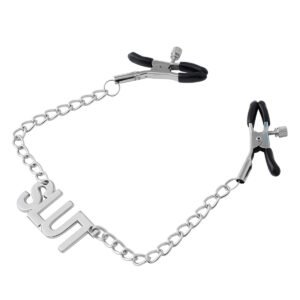 SLUT Nipple Clamps Chain  Silver/Black - Silver / Black