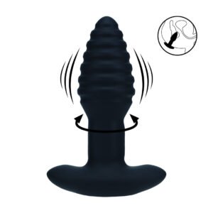 Vibrating and Rotating Ribbed Silicone Anal Plug - Black