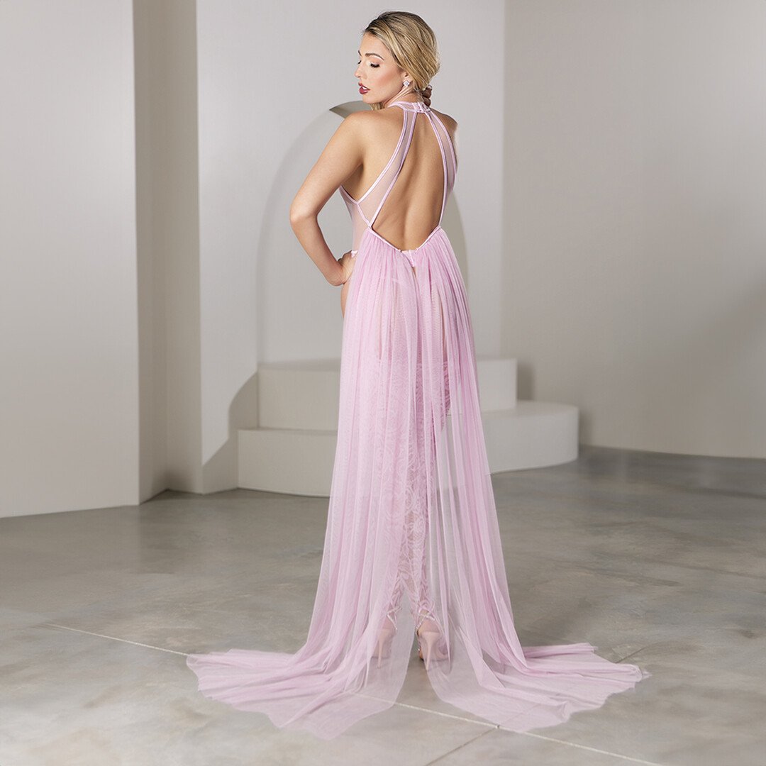 Private Dancer - Teddy with Adjustable Garters, Stay Ups and Detachable Chiffon Tulle - M - Pink 3