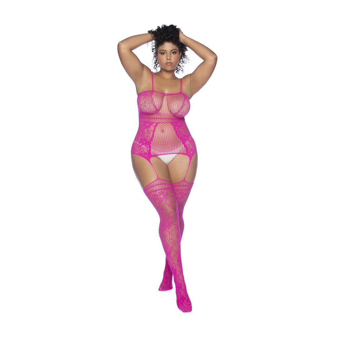 Fishnet Bodystocking with Necklines and Straps - Queen Size - Pink 1