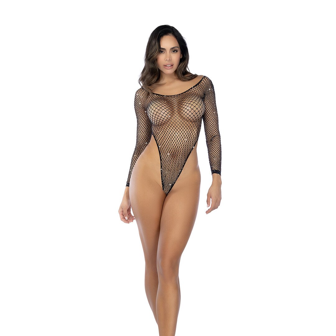 Long Sleeve Fishnet Rhinestone Bodysuit - One Size - Black/Rhinestone 1