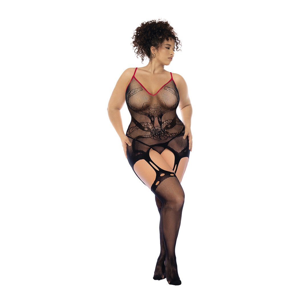 Snake Fishnet Bodystocking - Queen Size - Black/Red 1