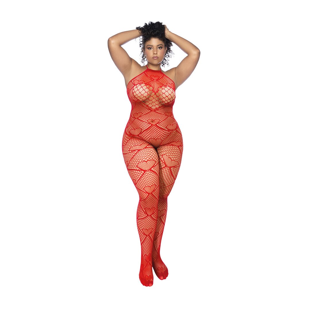 Heart Fishnet Bodystocking with Rhinestone Detail - Queen Size - Red 1