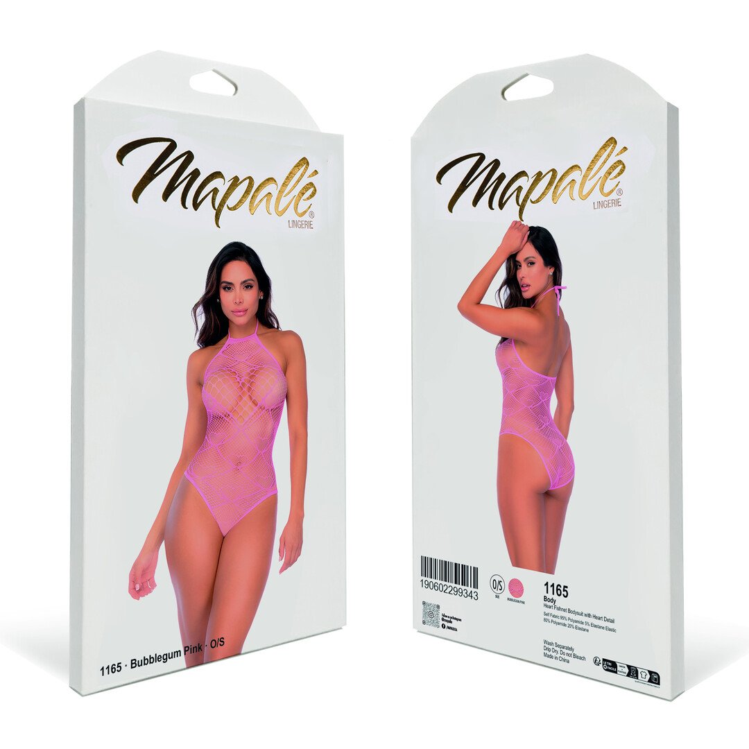 Heart Fishnet Bodysuit with Heart Detail - One Size - Bubbelgum Pink 2