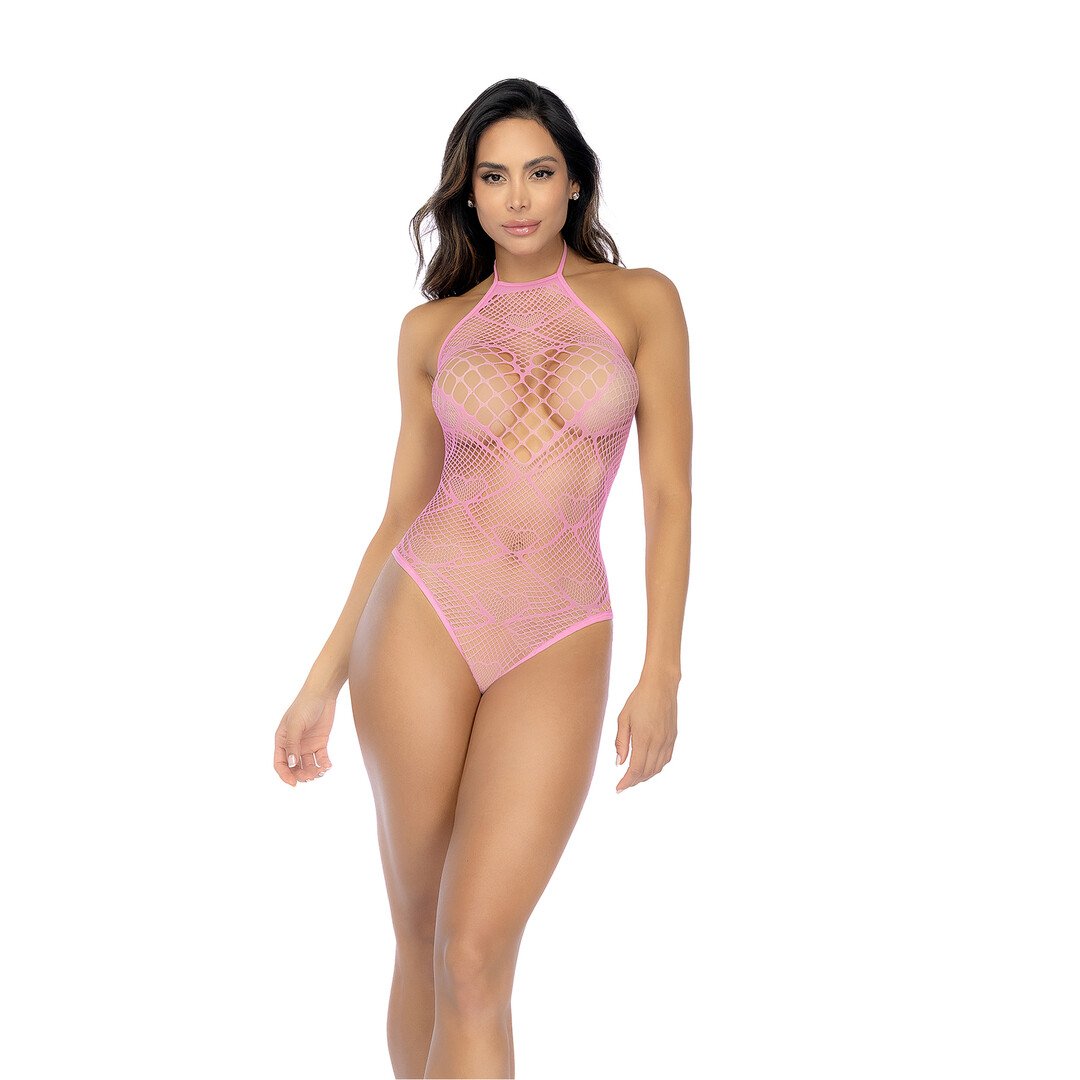 Heart Fishnet Bodysuit with Heart Detail - One Size - Bubbelgum Pink 1