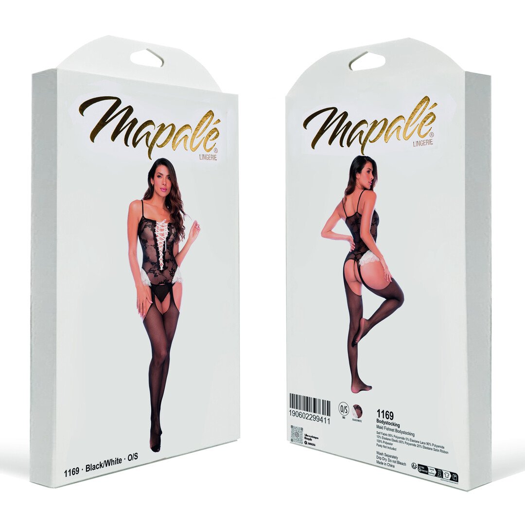 Maid Fishnet Bodystocking - One Size - Black/White 2