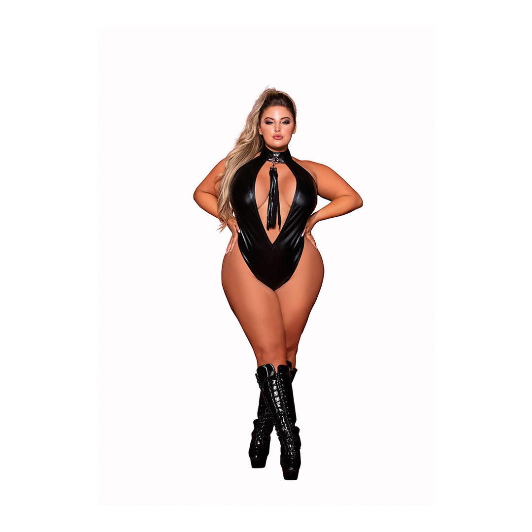 Faux Halter Teddy with Flogger - Plus Size - Black 1