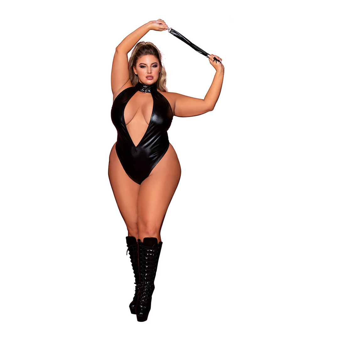 Faux Halter Teddy with Flogger - Plus Size - Black 3