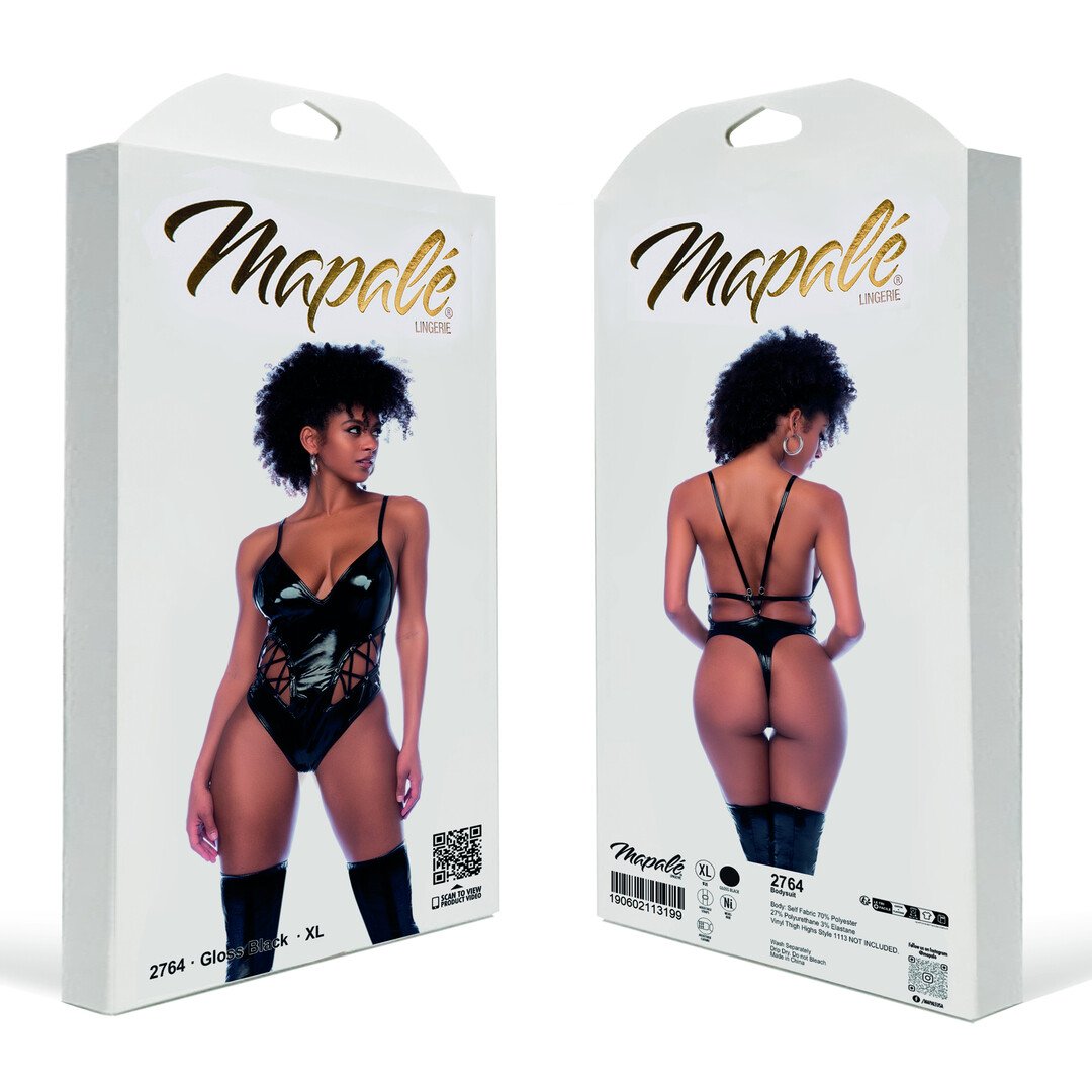 Lace-up Bodysuit with Low-Cut Front - L - Gloss Black 2