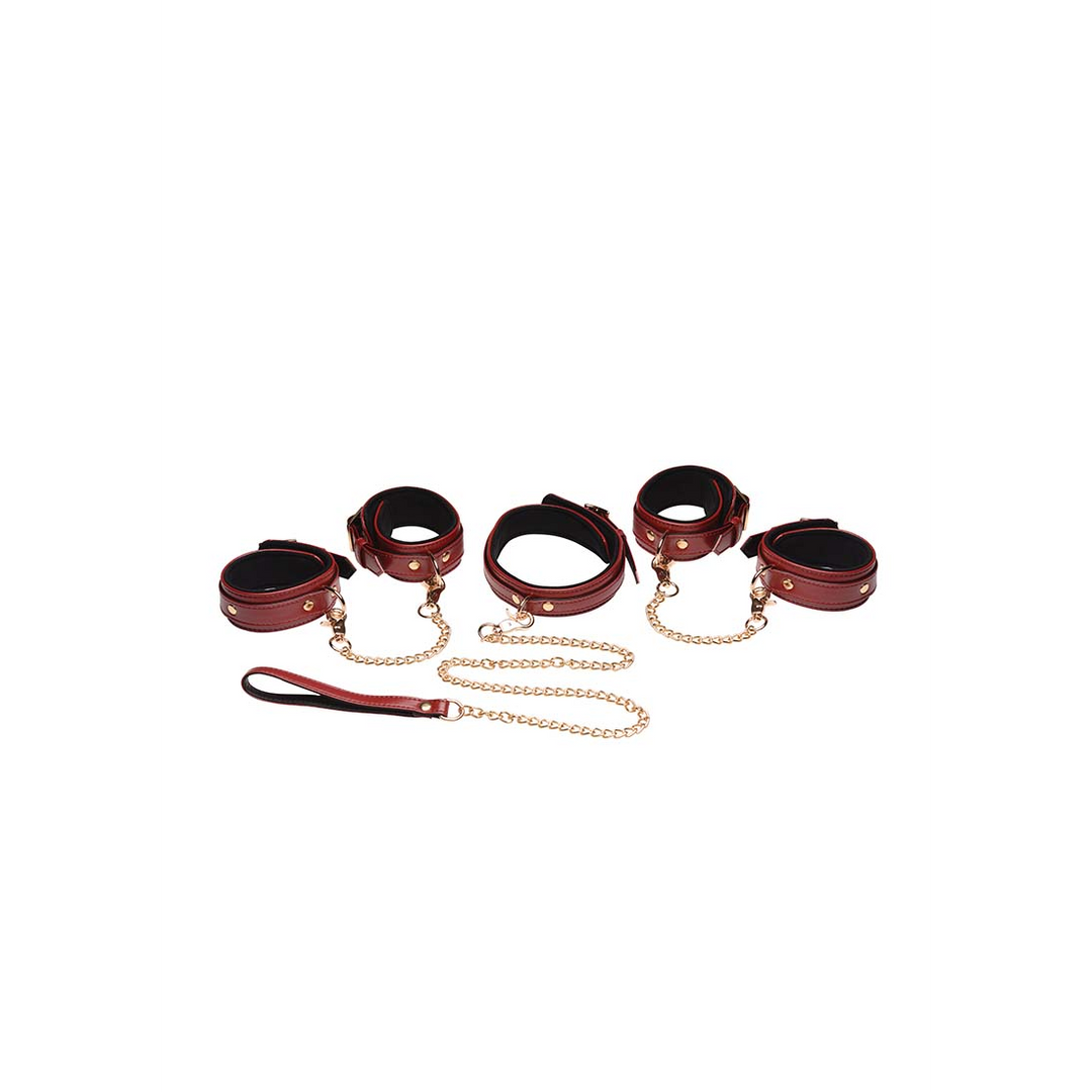 6-Piece Burgundy Bondage Set with Cuffs, Collar and Belt 3