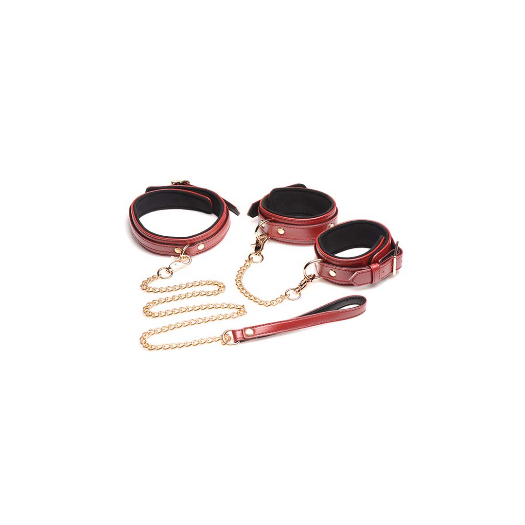 6-Piece Burgundy Bondage Set with Cuffs, Collar and Belt 1