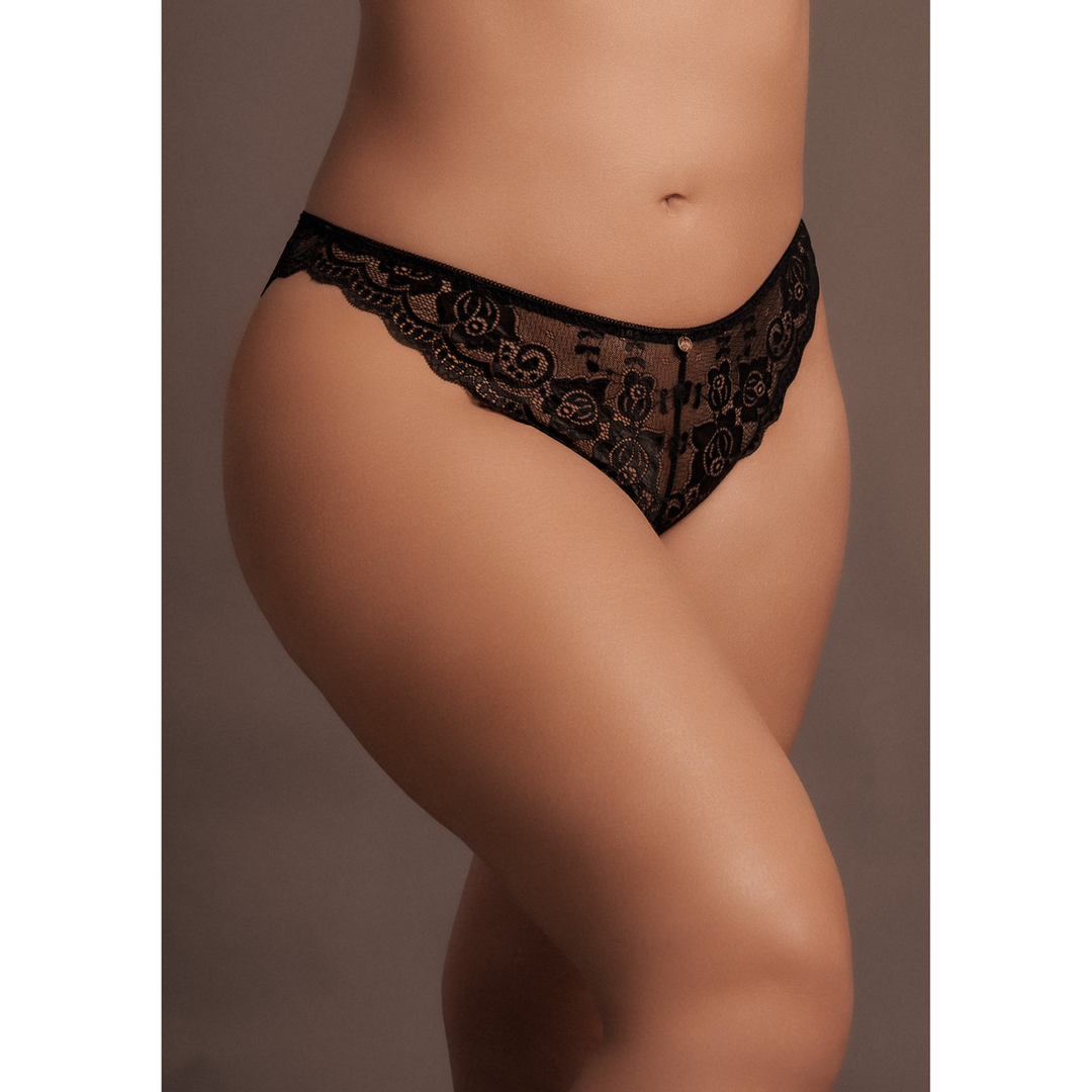 Zoé - Elastic Lace Brief with Back Lacing and Golden Details - Queen Size - Black 1