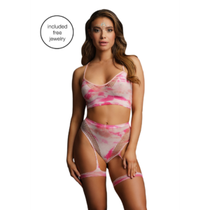 2-Piece Bra Set with Garters and Dazzling Eye Contact Bling Sticker - One Size - Multicolor