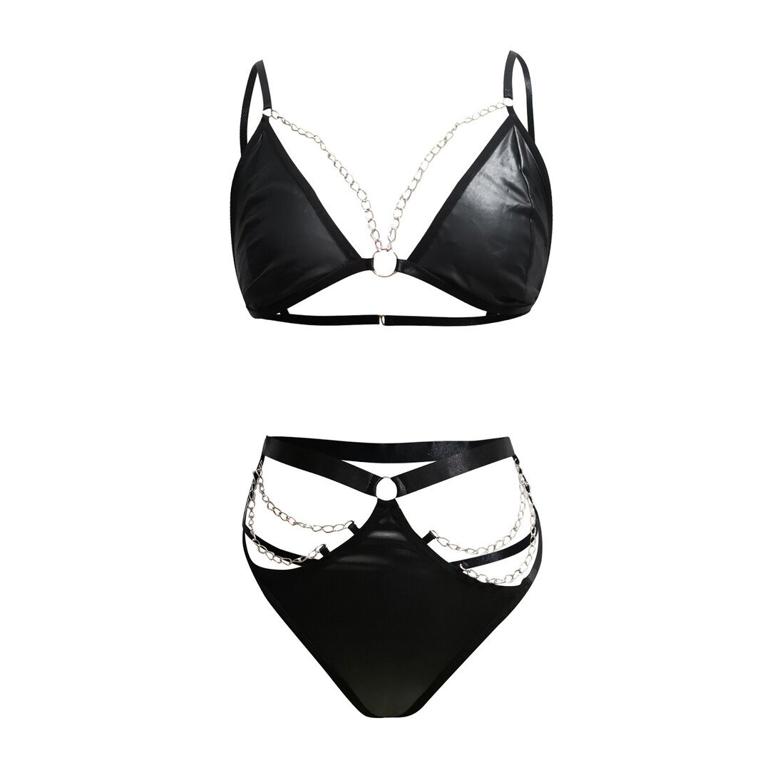 Micro Faux Leather Two Piece Set with Chain - S/M - Black 6