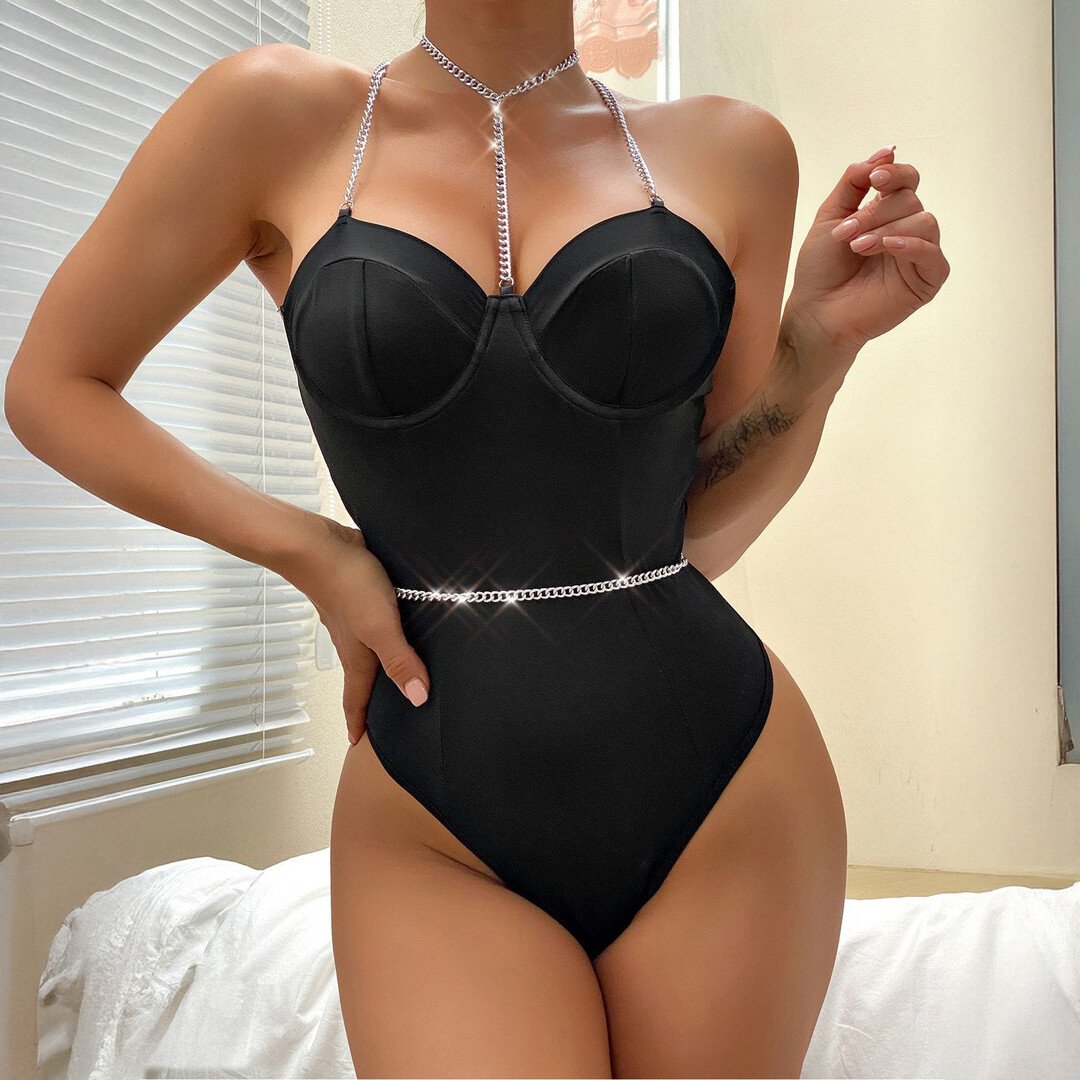 Chain-Enhanced Cross Back Bodysuit - S/M - Black 1