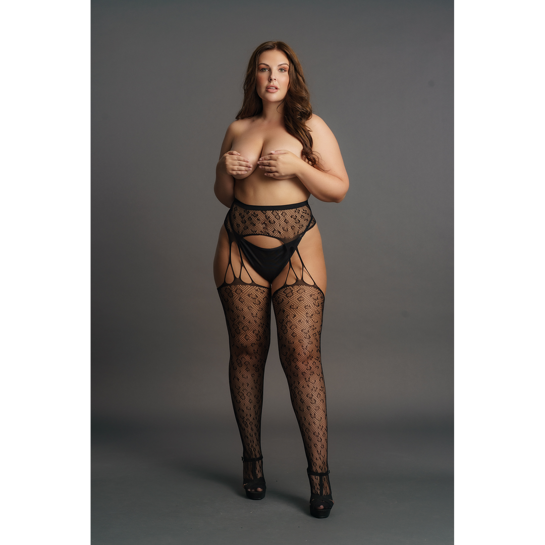 Suspender Leopard Pantyhose - Queen Size - Black 5