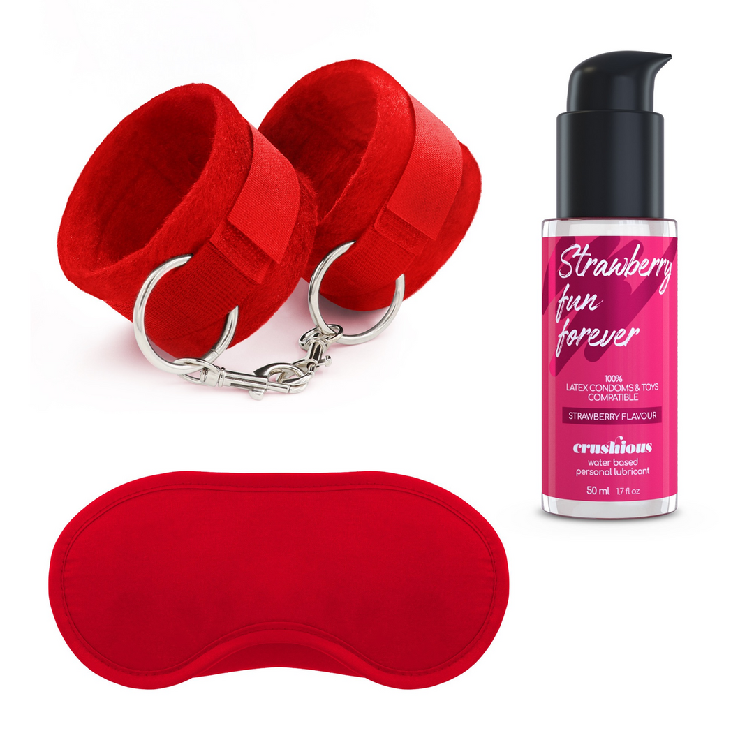 Me Lo Como - Velcro Handcuffs Set with Blindfold and Strawberry Lubricant - 1.7 fl oz / 50 ml - Red 1