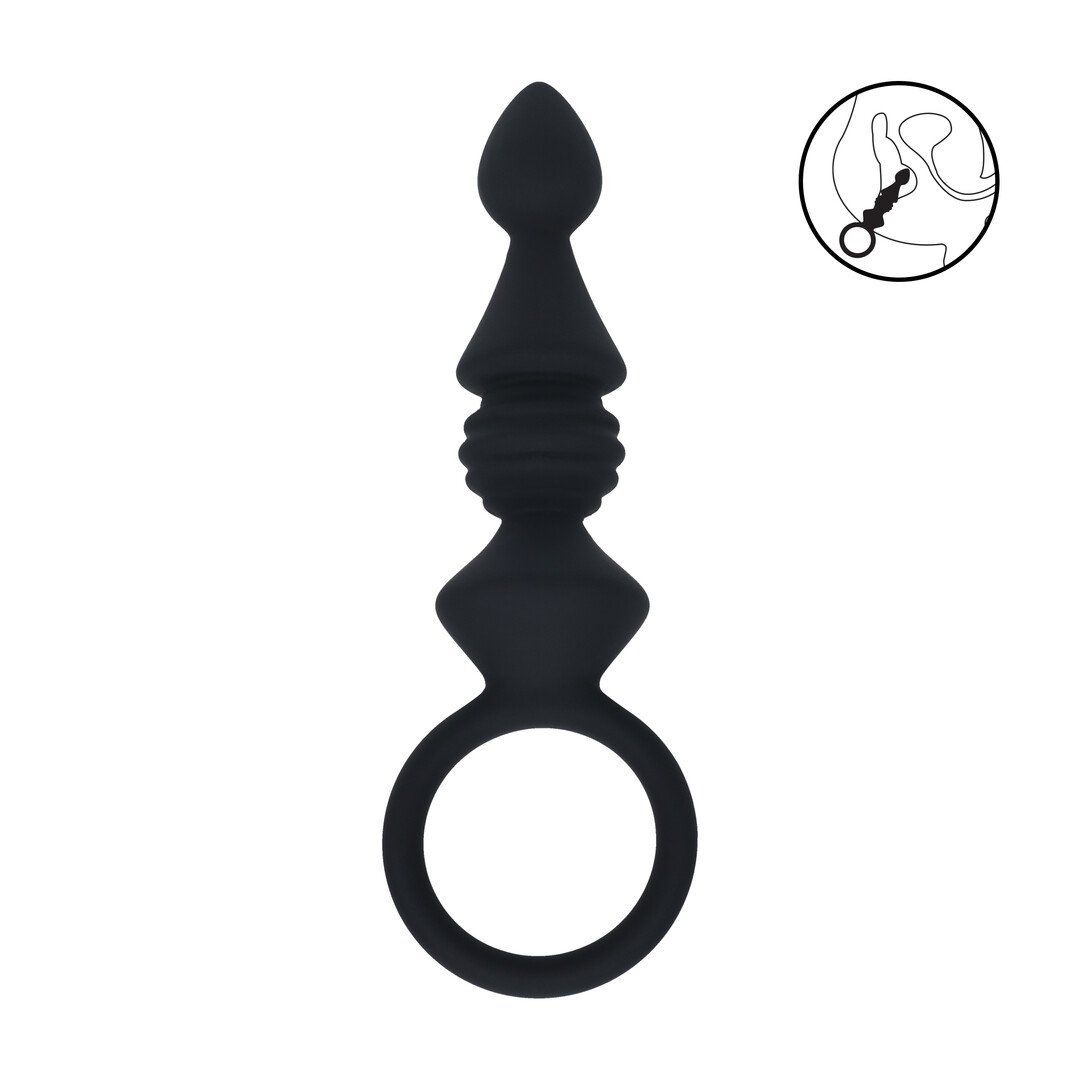 Ribbed Silicone Anal Probe with Loop - Black 1