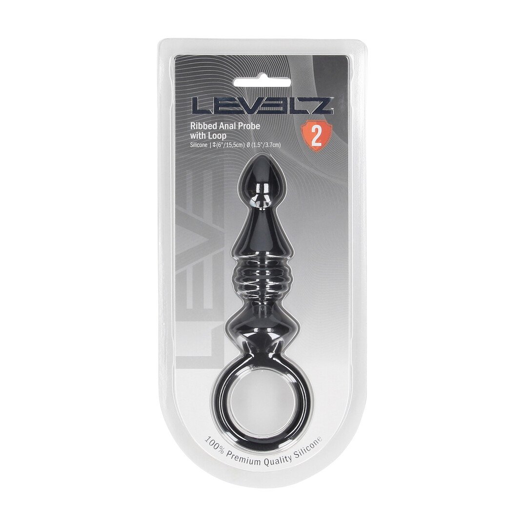 Ribbed Silicone Anal Probe with Loop - Black 2