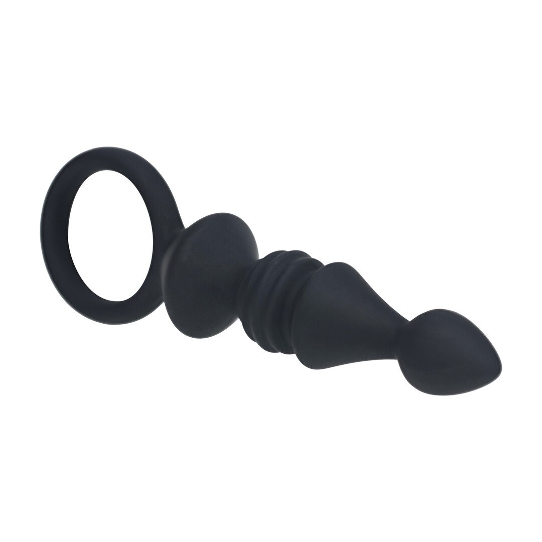 Ribbed Silicone Anal Probe with Loop - Black 4