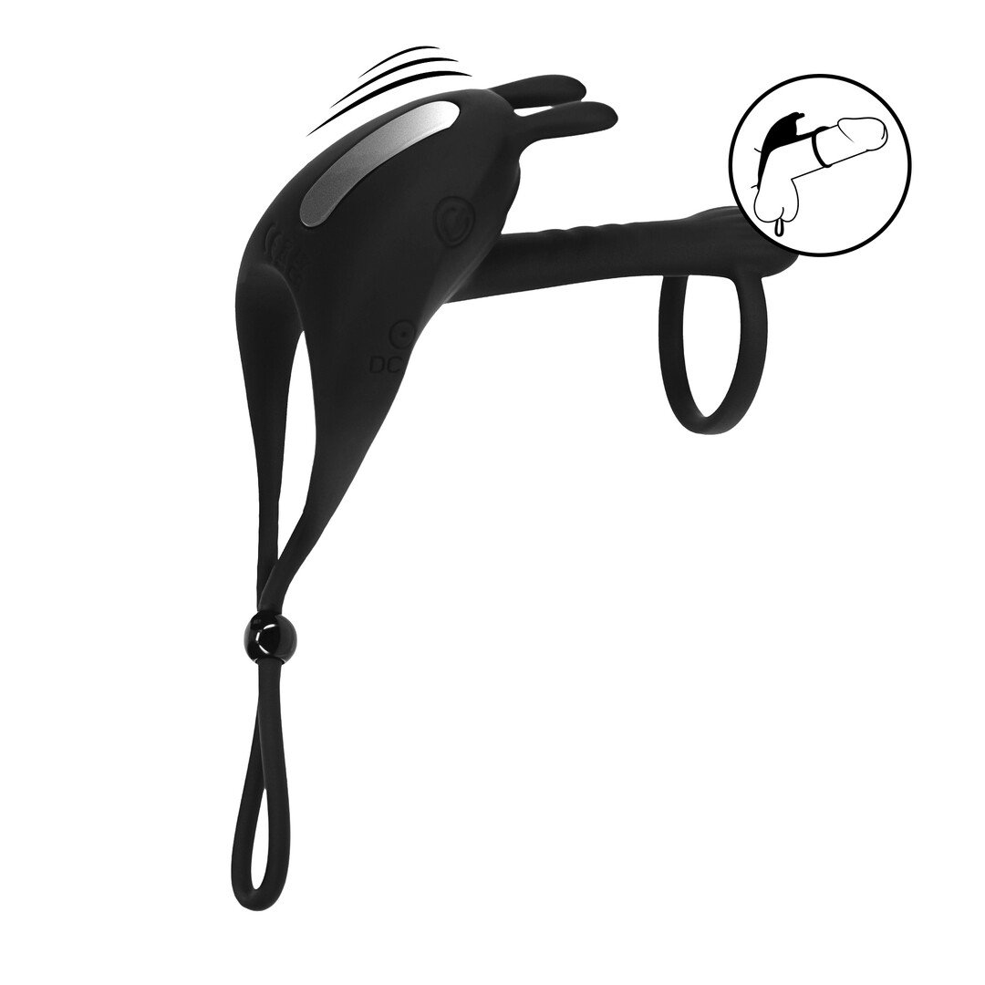 Adjustable Bunny Vibrating Silicone Lasso Cockring and Shaft Loop - Black 1
