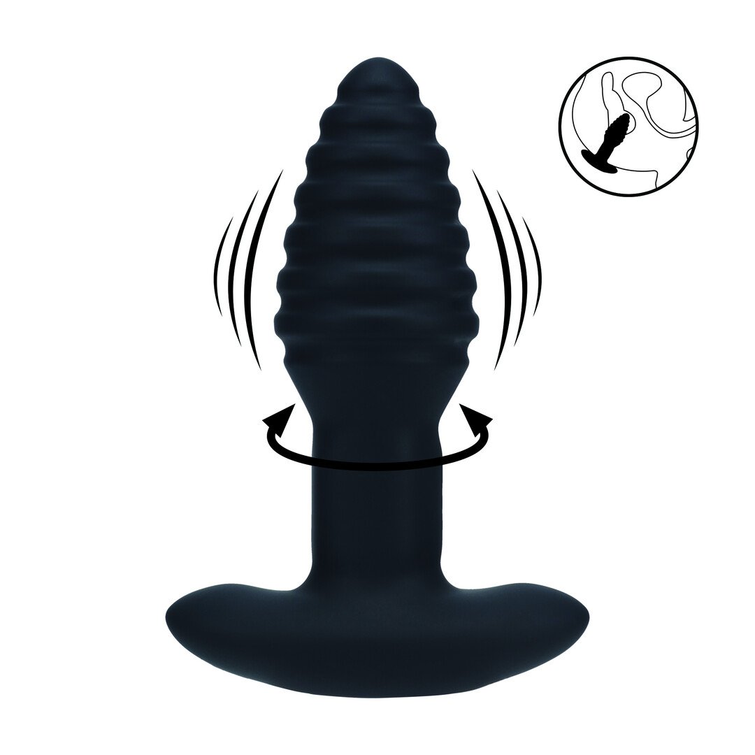 Vibrating and Rotating Ribbed Silicone Anal Plug - Black 1