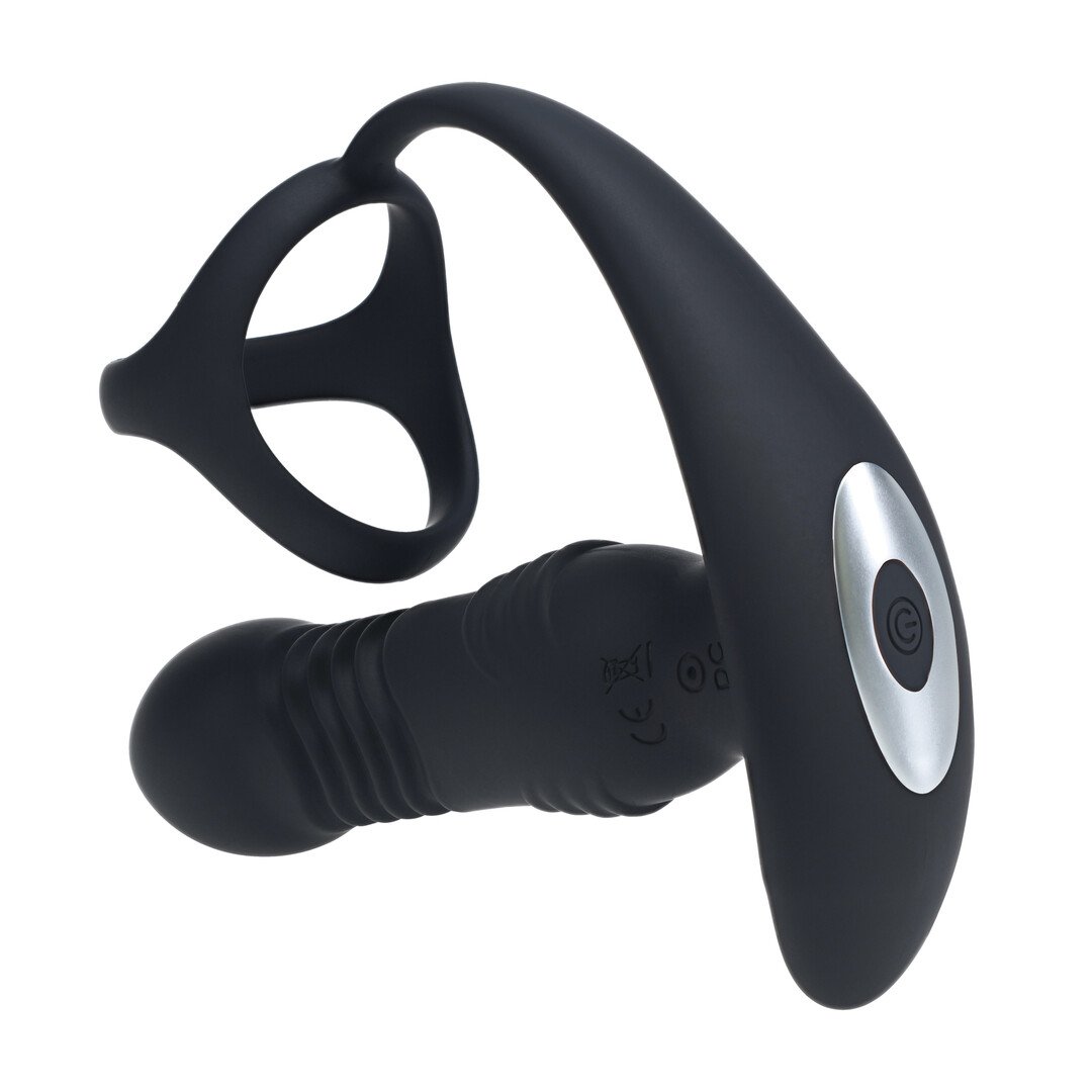 Vibrating and Thrusting Silicone Prostate Massager with Tri O Cockring - Black 5