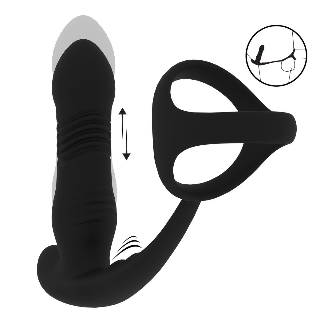 Vibrating and Thrusting Silicone Prostate Massager with Tri O Cockring - Black 1
