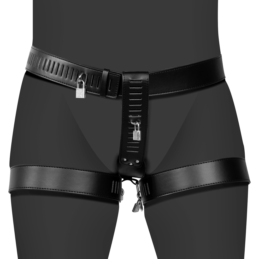 PU Leather Female Chastity Belt with Leg Restraint - Black 1