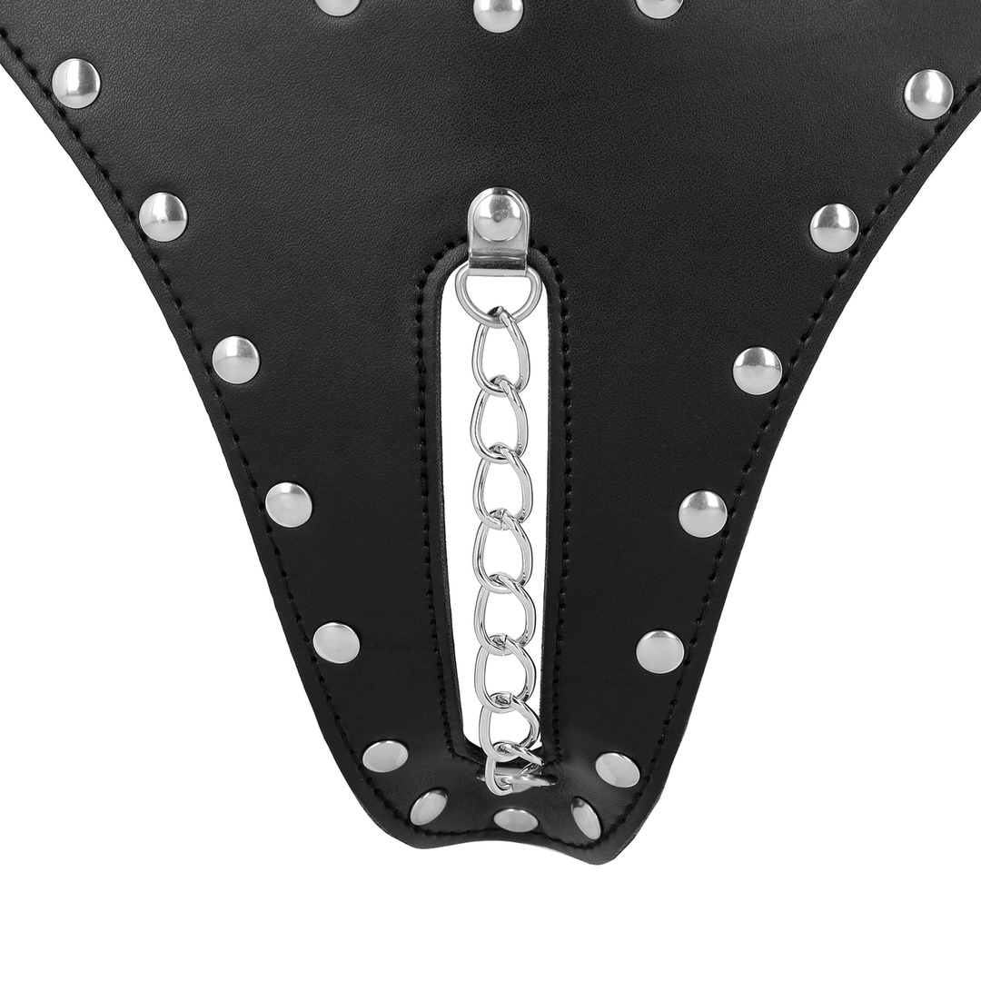 PU Leather Chastity Thong with Chain Detail - Black 6