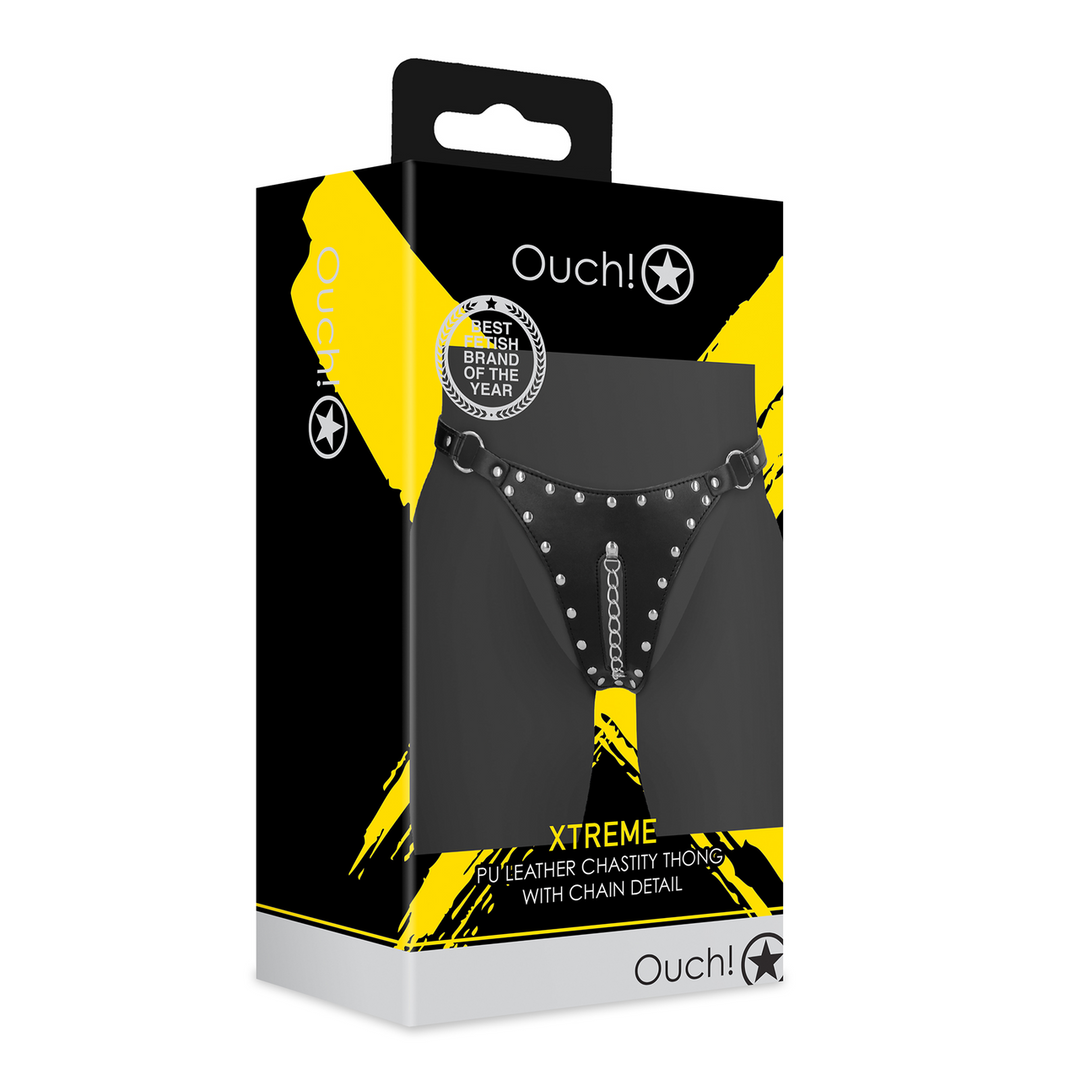 PU Leather Chastity Thong with Chain Detail - Black 2