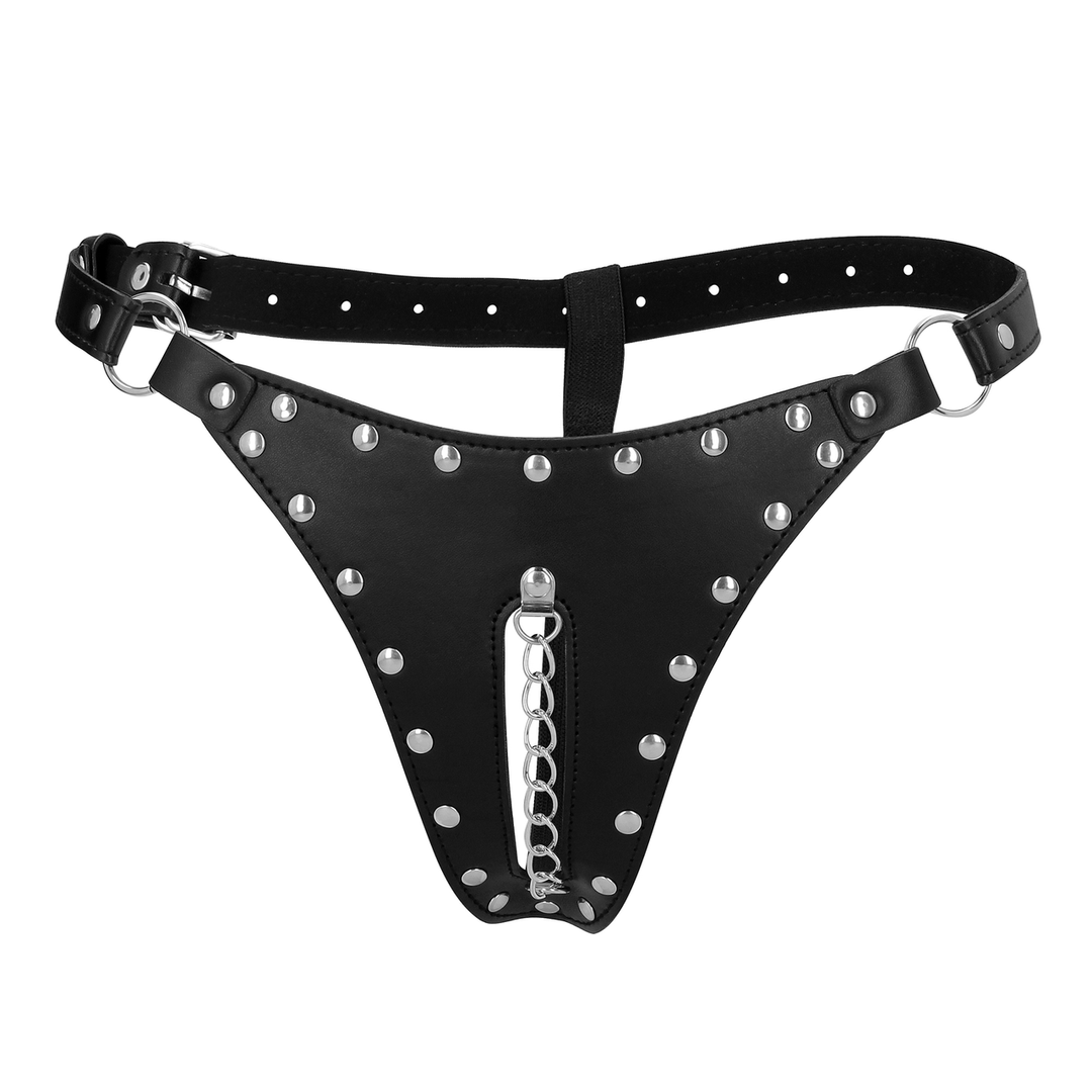PU Leather Chastity Thong with Chain Detail - Black 4