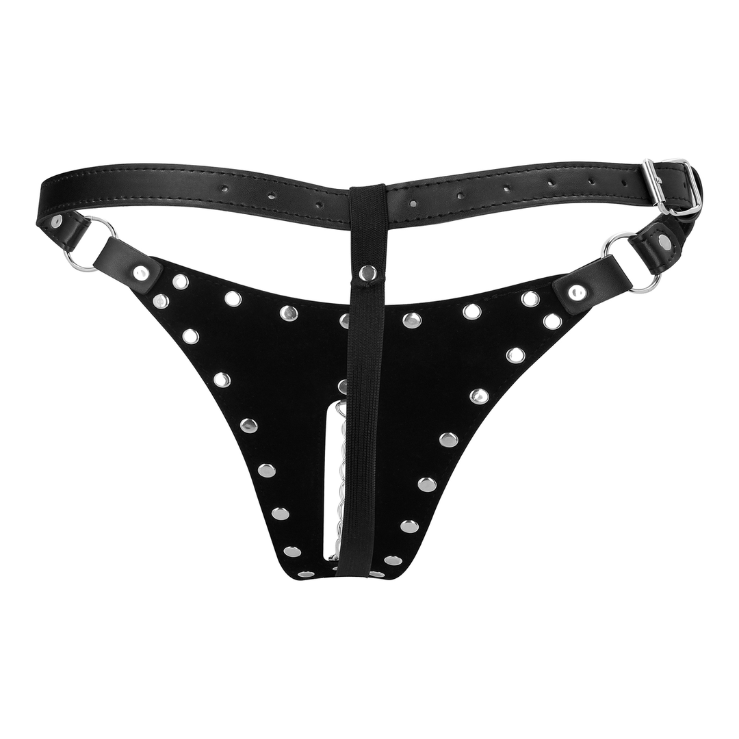 PU Leather Chastity Thong with Chain Detail - Black 5