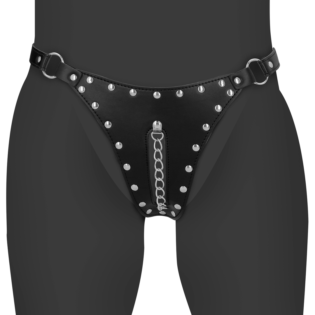 PU Leather Chastity Thong with Chain Detail - Black 1