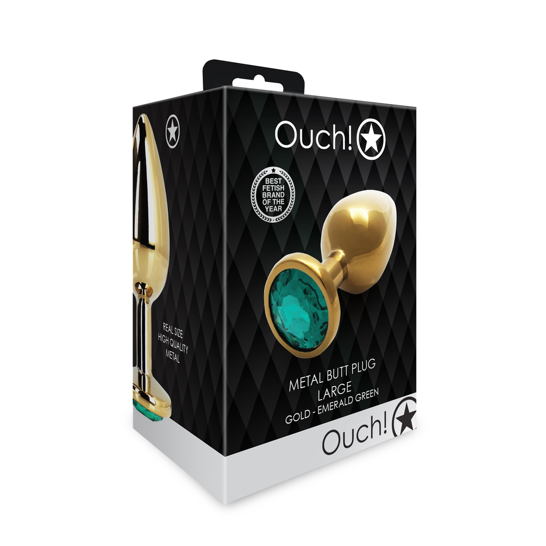 Round Gem Butt Plug - Large - Gold/Emerald Green 2
