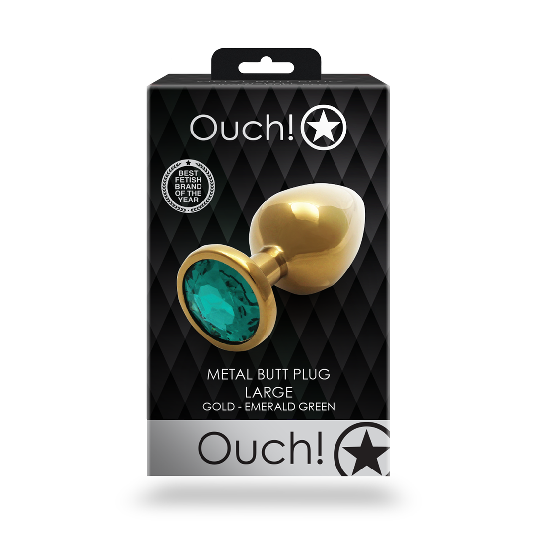 Round Gem Butt Plug - Large - Gold/Emerald Green 3