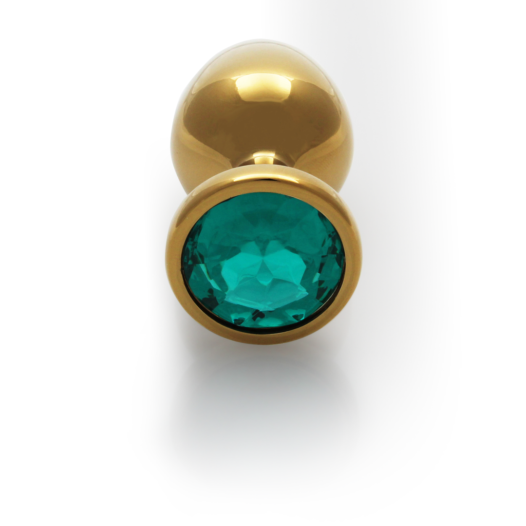 Round Gem Butt Plug - Large - Gold/Emerald Green 5