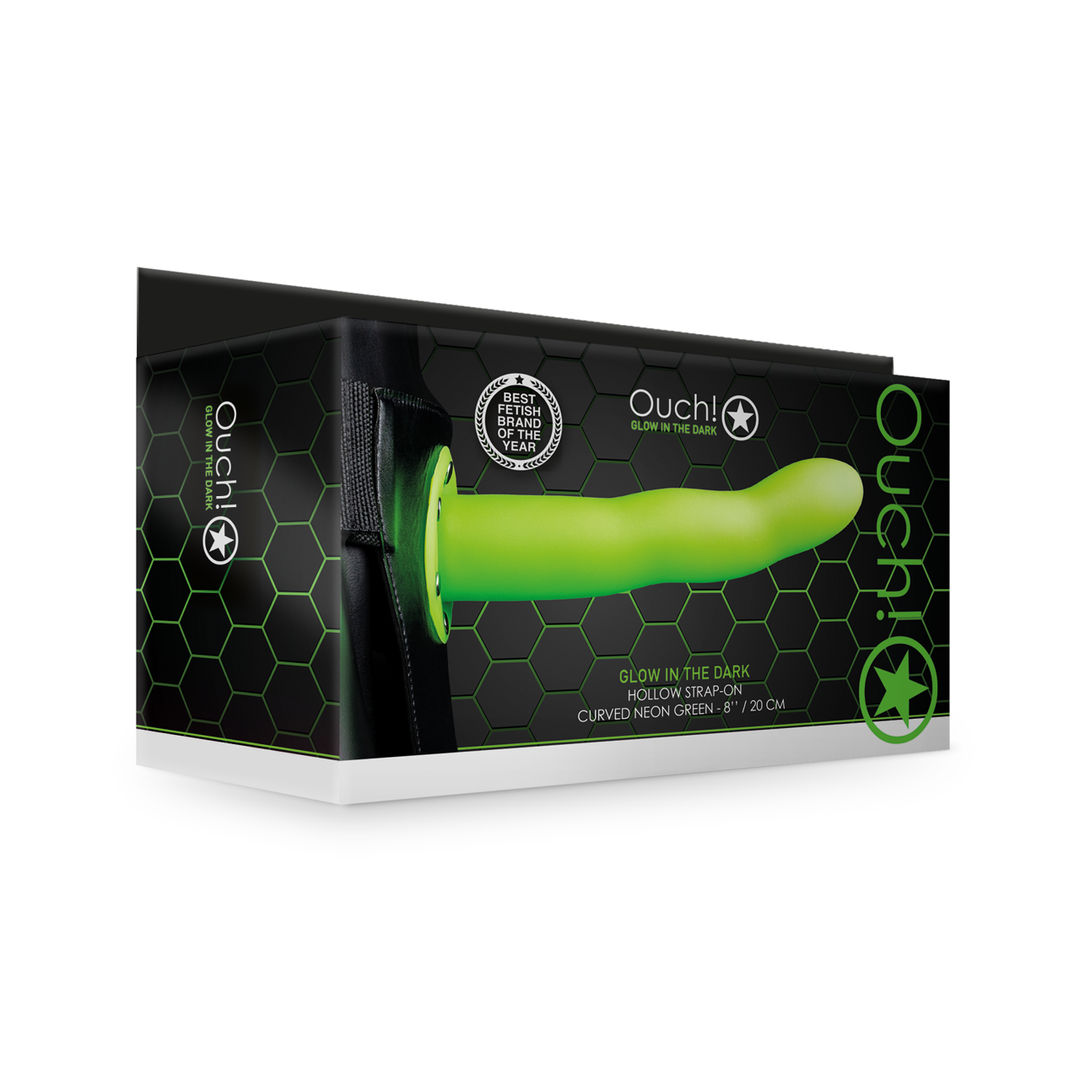 Glow in the Dark Curved Hollow Strap-On - 8 / 20 cm - Neon Green 2