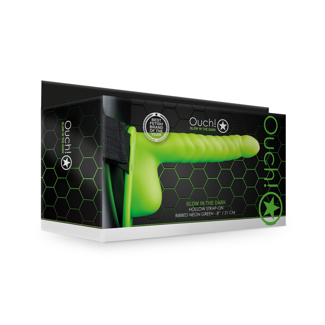Glow in the Dark Ribbed Hollow Strap-On with Balls - 8 / 21 cm - Neon Green 2