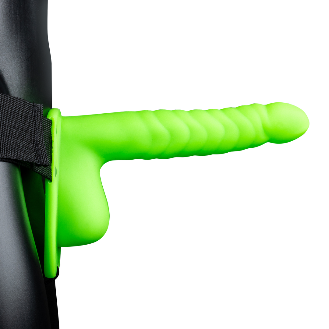 Glow in the Dark Ribbed Hollow Strap-On with Balls - 8 / 21 cm - Neon Green 4
