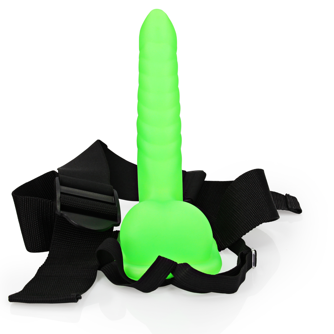 Glow in the Dark Ribbed Hollow Strap-On with Balls - 8 / 21 cm - Neon Green 6