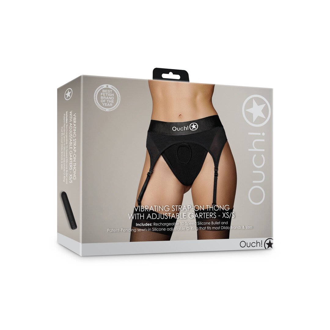 Vibrating Strap-on Thong with Adjustable Garters - XS/S - Black 2