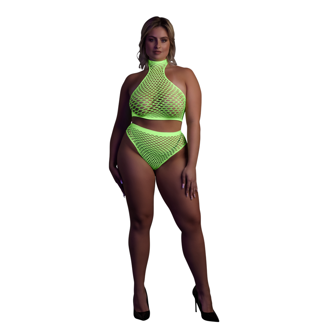Turtle Neck and High Waist Slip - Plus Size - Neon Green 1