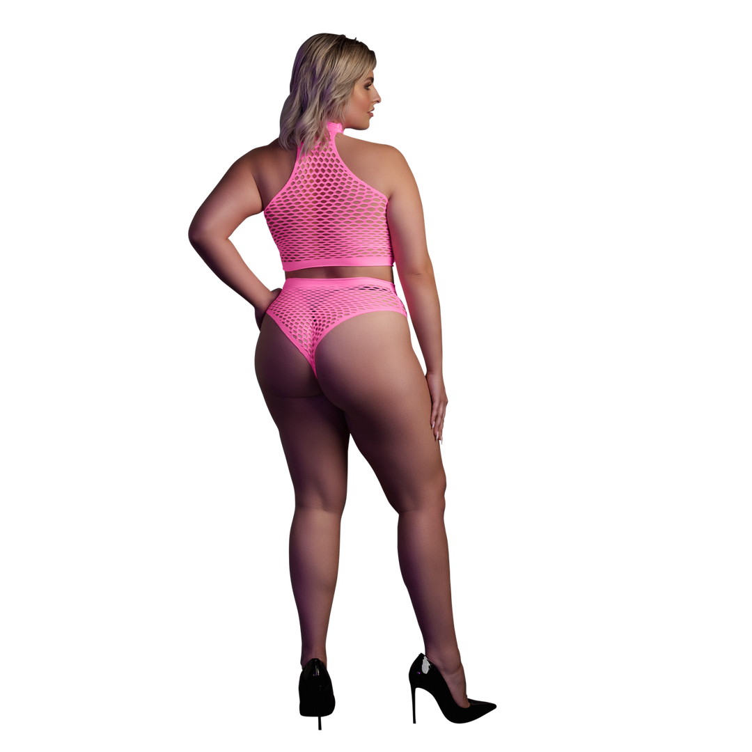 Turtle Neck and High Waist Slip - Plus Size - Neon Pink 3