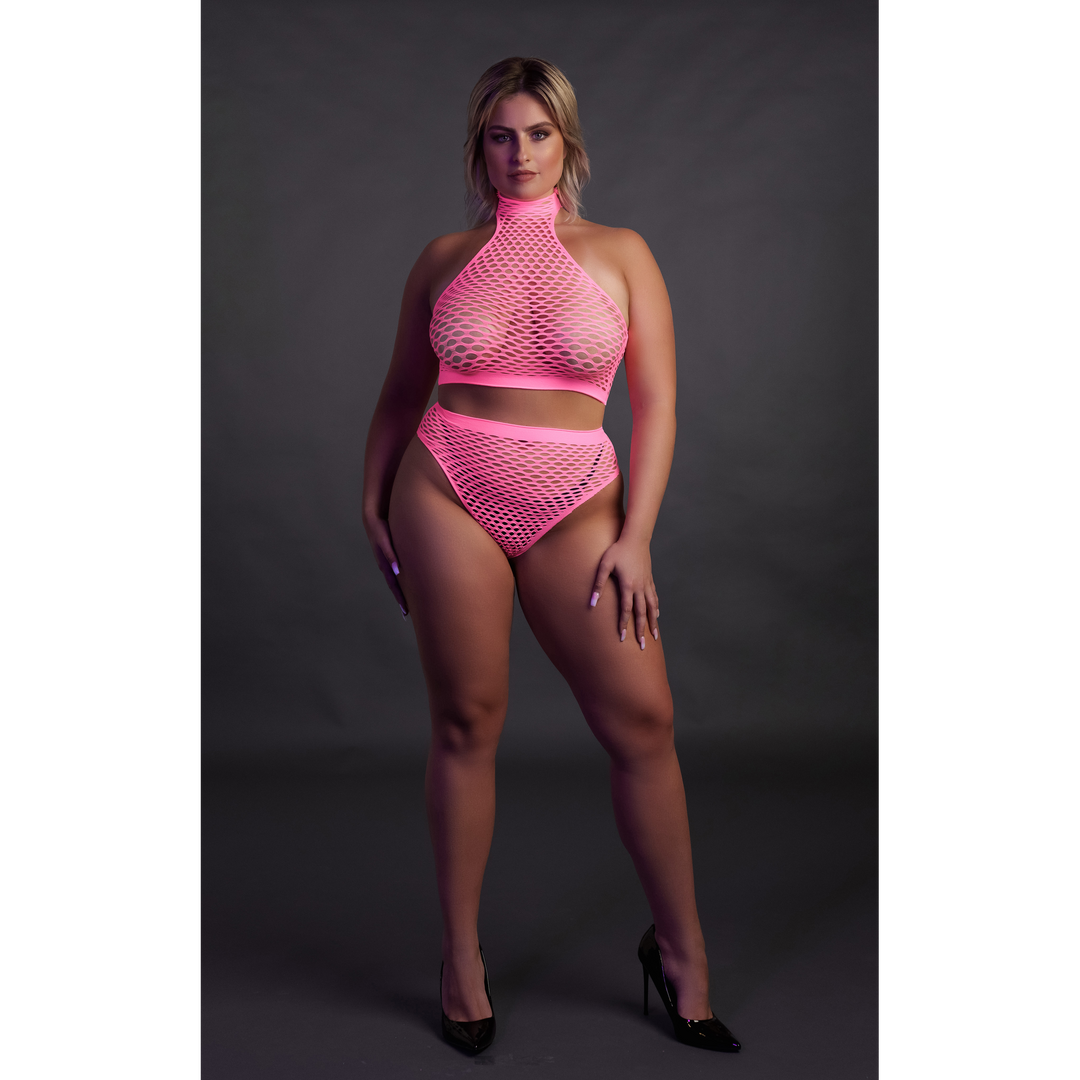 Turtle Neck and High Waist Slip - Plus Size - Neon Pink 4