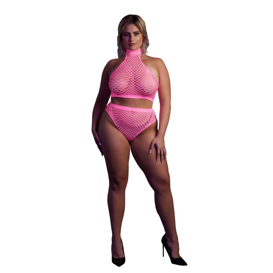 Turtle Neck and High Waist Slip - Plus Size - Neon Pink 1