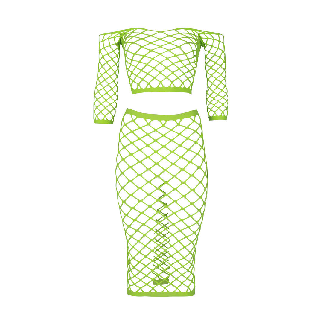 Long Sleeve Crop Top and Long Skirt - One Size - Neon Green 6