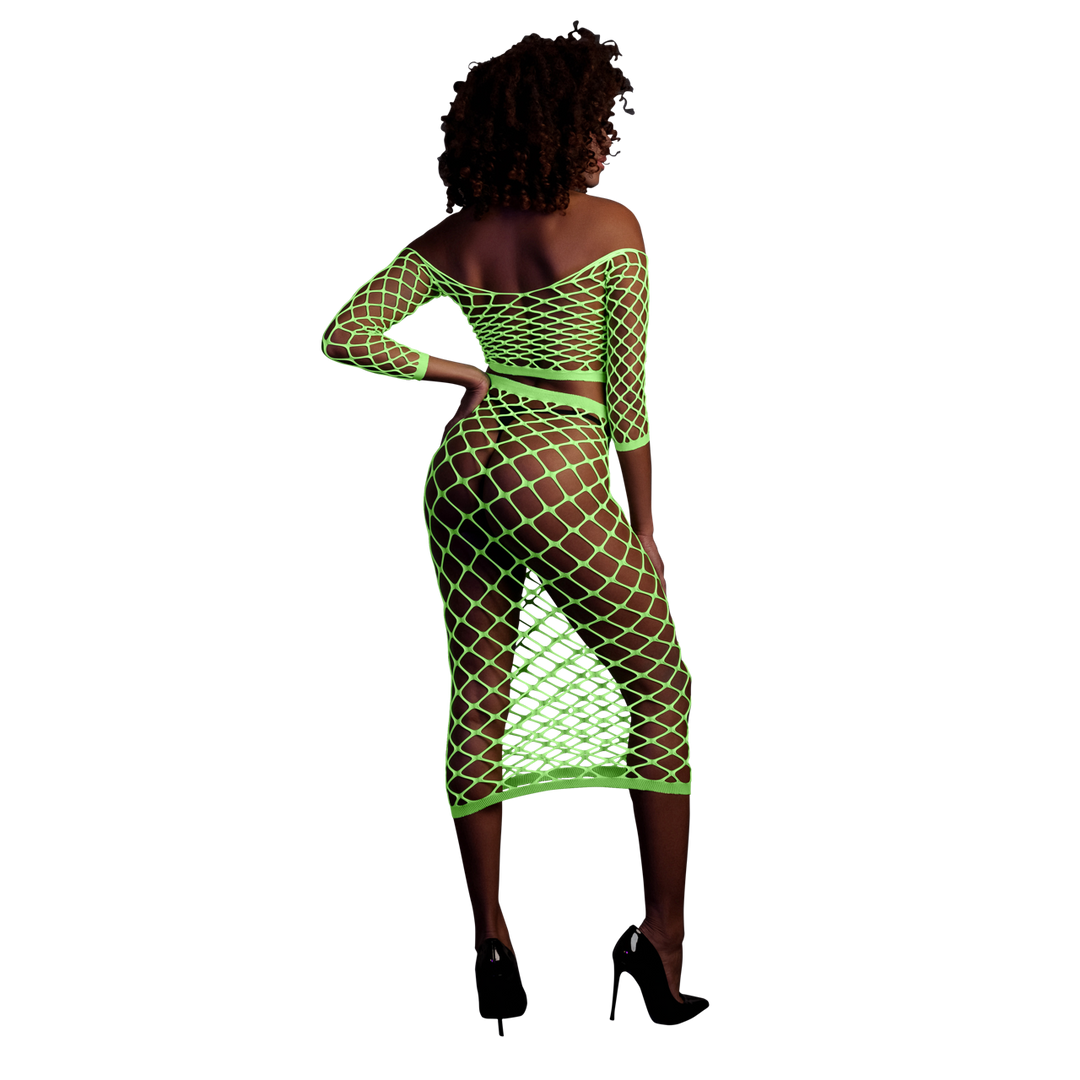 Long Sleeve Crop Top and Long Skirt - One Size - Neon Green 3
