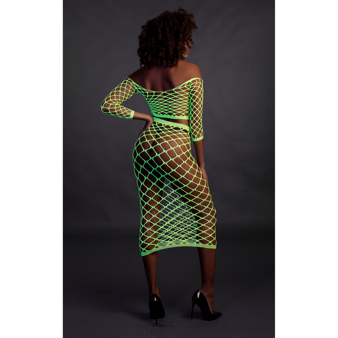 Long Sleeve Crop Top and Long Skirt - One Size - Neon Green 5