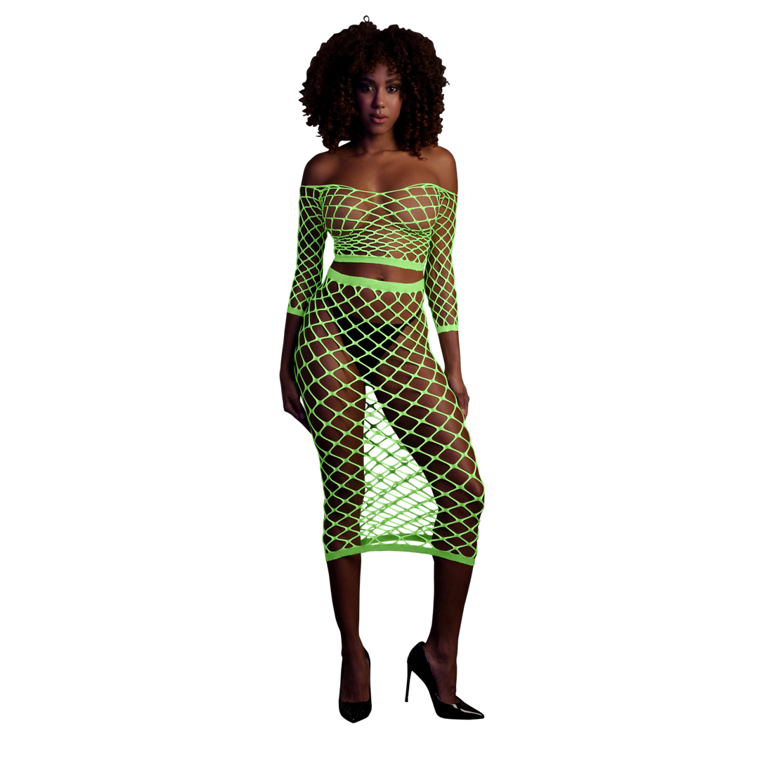 Long Sleeve Crop Top and Long Skirt - One Size - Neon Green 1